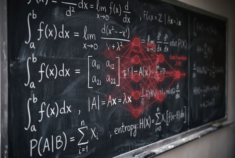Chalkboard covered in integrals, matrices and probability formulas with a neural network sketched in red